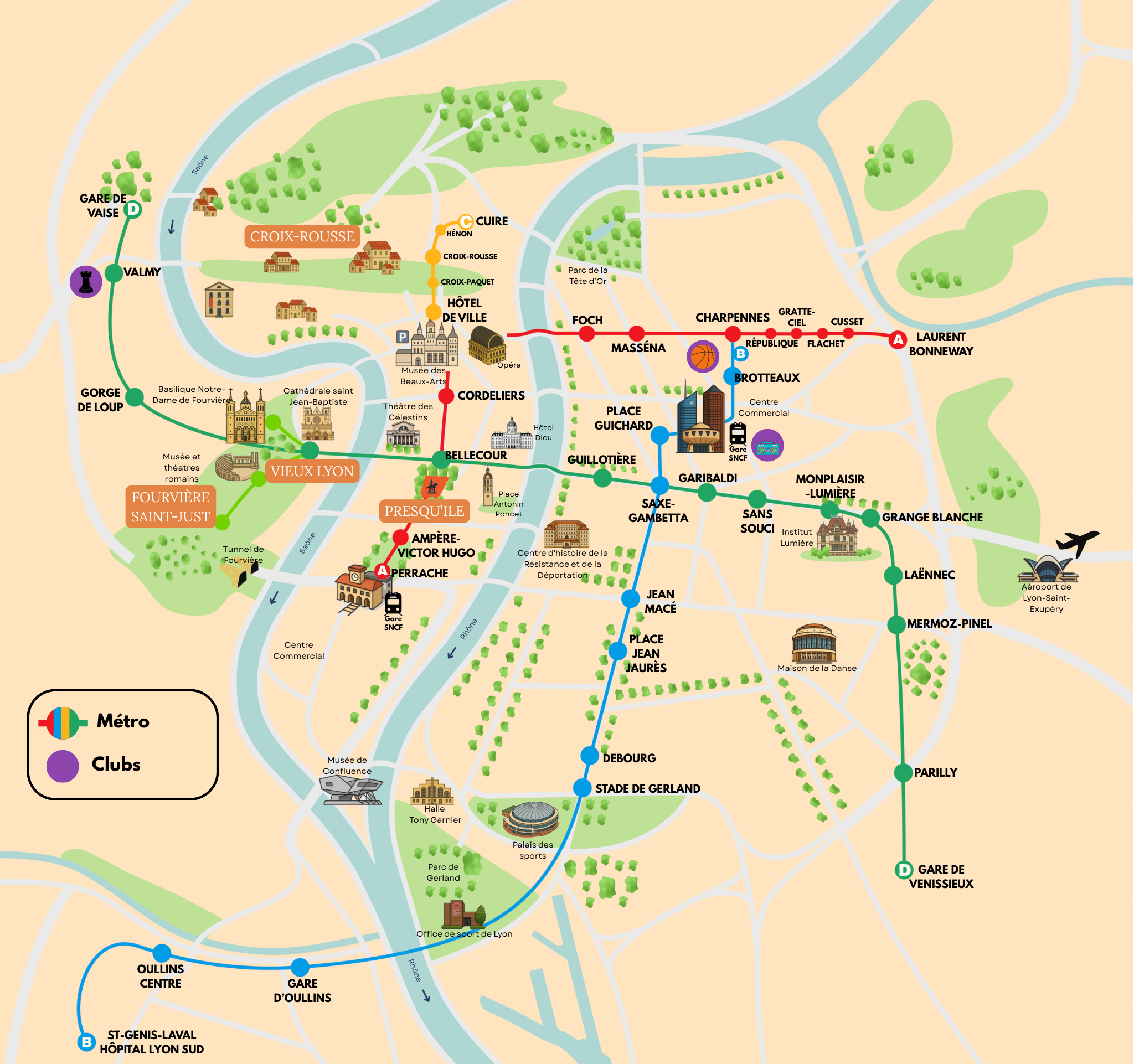 Map of Lyon with sights and the public transportation system