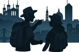 a pictogram of two people discovering the city of Lyon